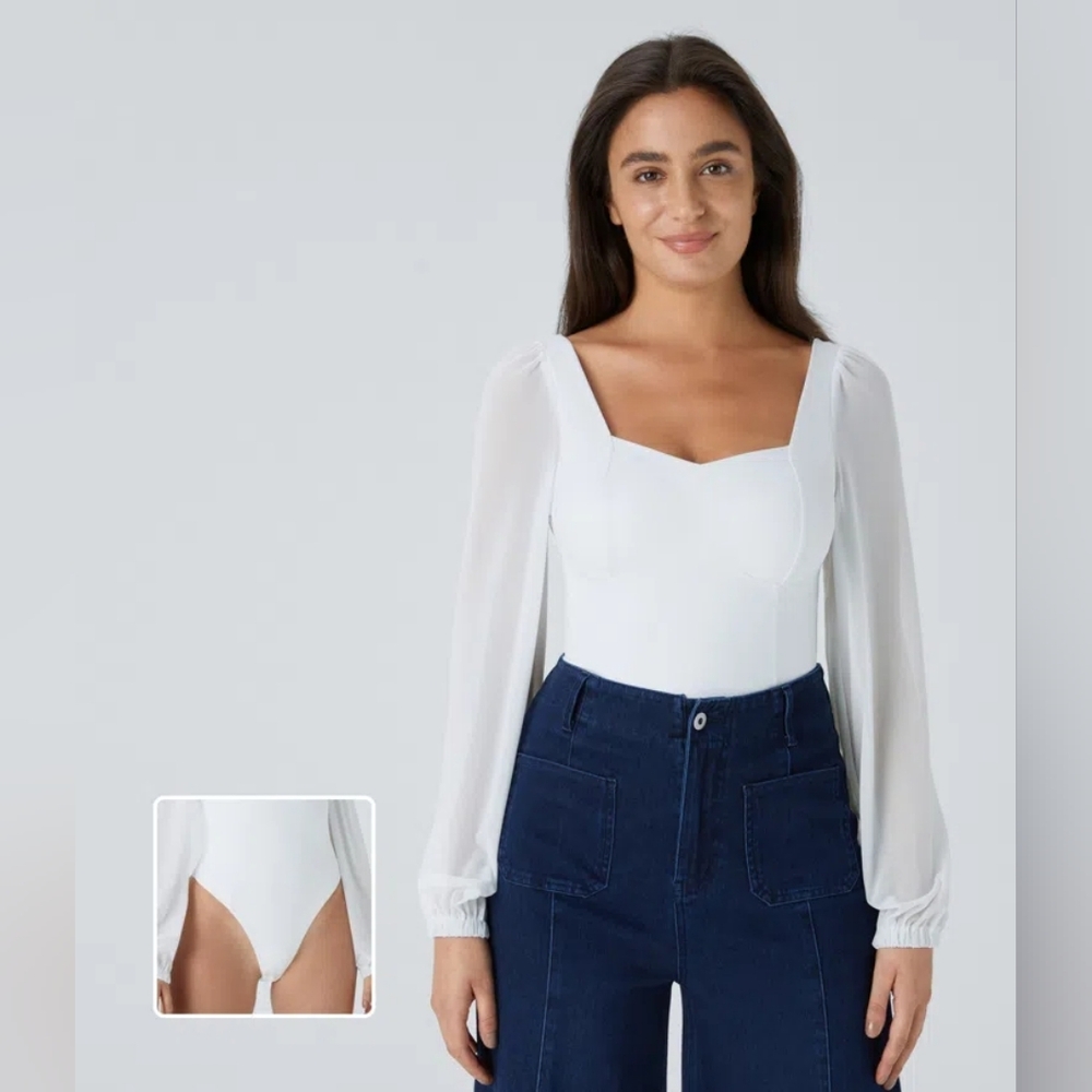 Halara Bodysuit. Square Neck, Long Sheer Sleeves, White, Ladies XL